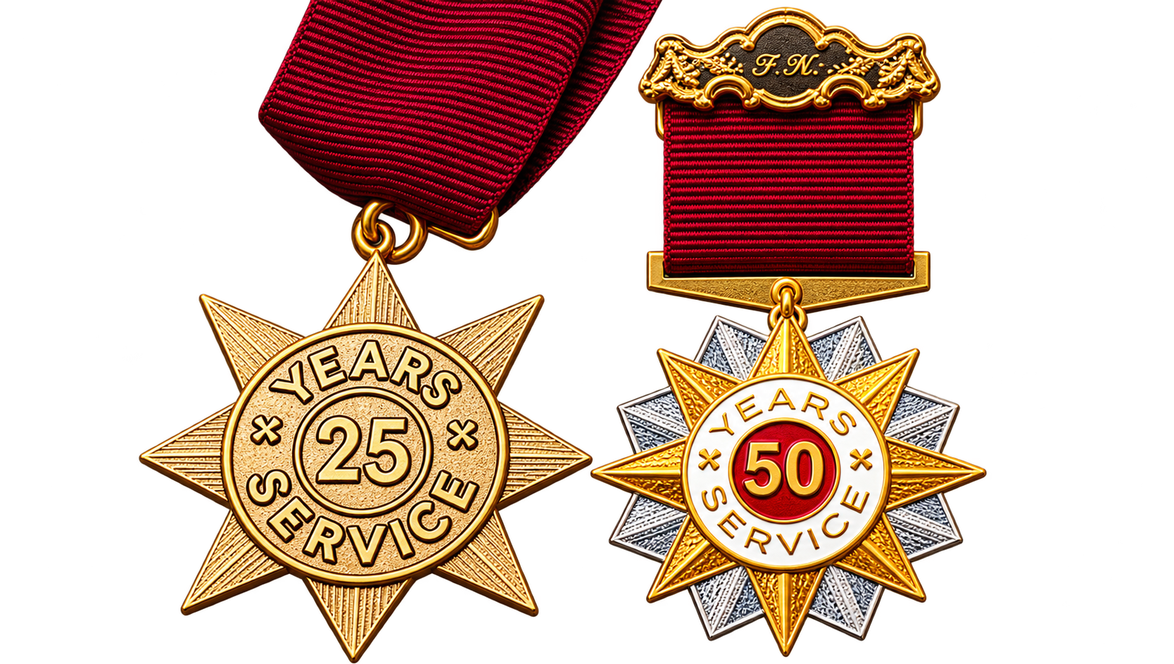 Illustrated 25-year Gold Star and 50-year Double Gold Star service medals